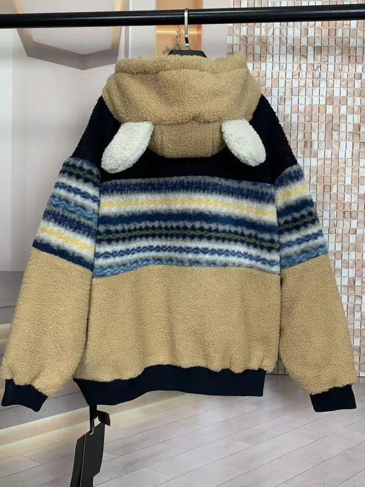 العصرية العلامة التجارية هوديس المرأة الخريف الشتاء الدافئة الصوف صوف الضأن الدب الكرتون فضفاض موضة سميكة مقنعين البلوز #3