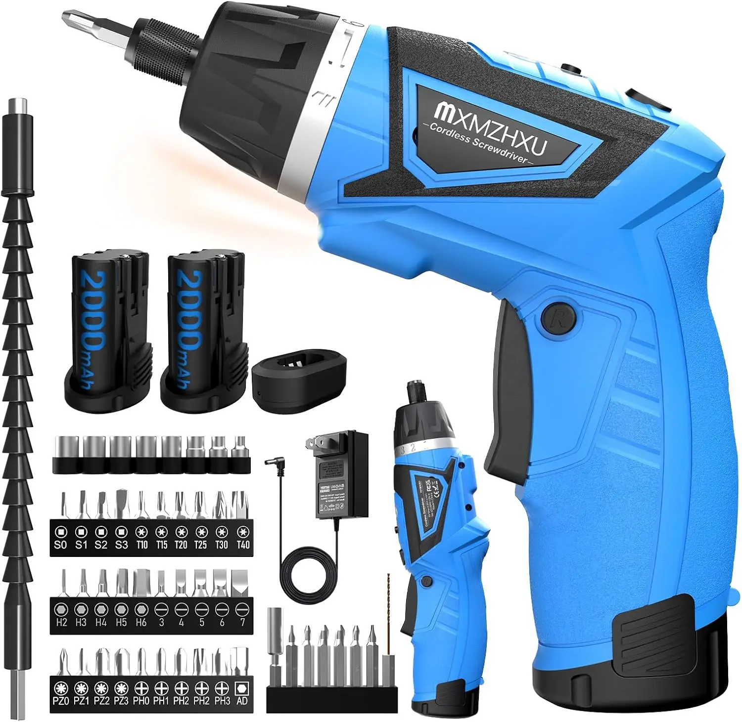 

8V Cordless Screwdriver with 2x 2000mAh Battery, 6+1 Torque Settings, 10N·m Max, LED Light, Flexible Shaft, 47-Piece Bit Set