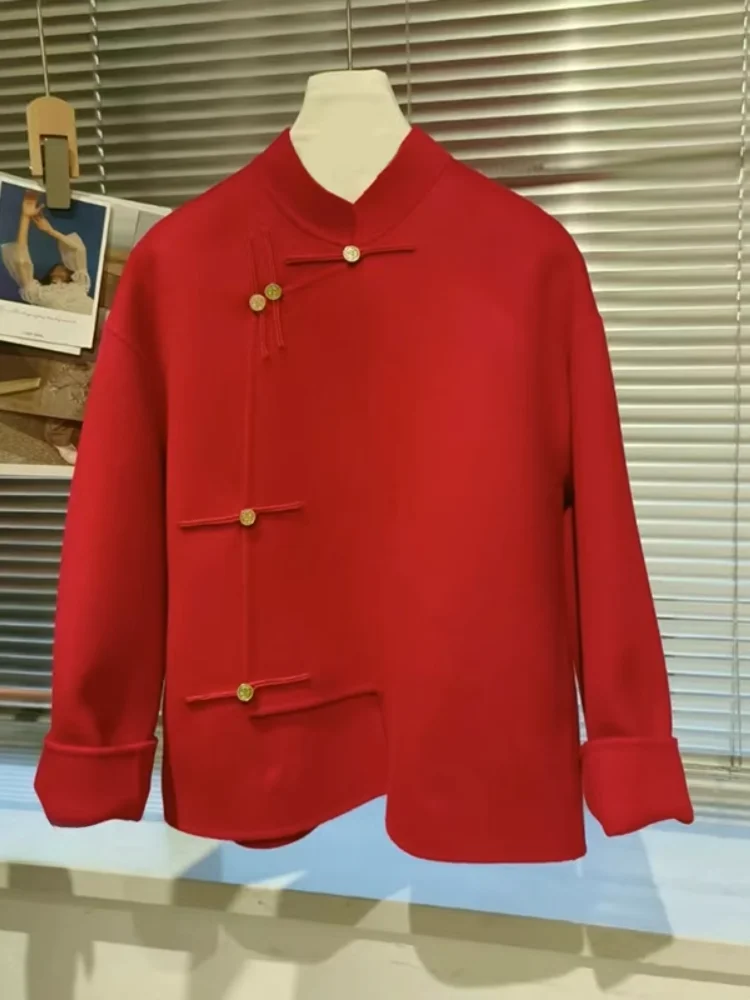 

New Chinese Style Double-Faced Woolen Jacket Set for Women Red Button Design Autumn Winter Fashionable Elegant Cardigan Suit