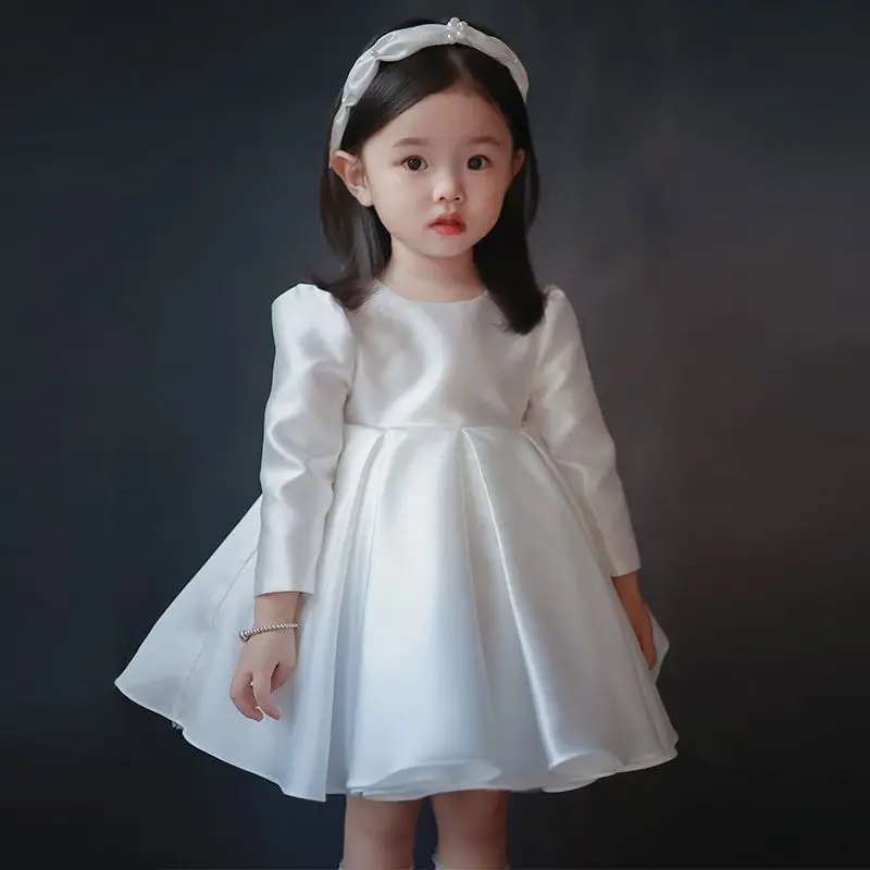 Flower Boy Wedding Short/LongSleeve Little Girl Dress Girls White Round Neck Wedding Dress Children\'s Birthday Princess Dress