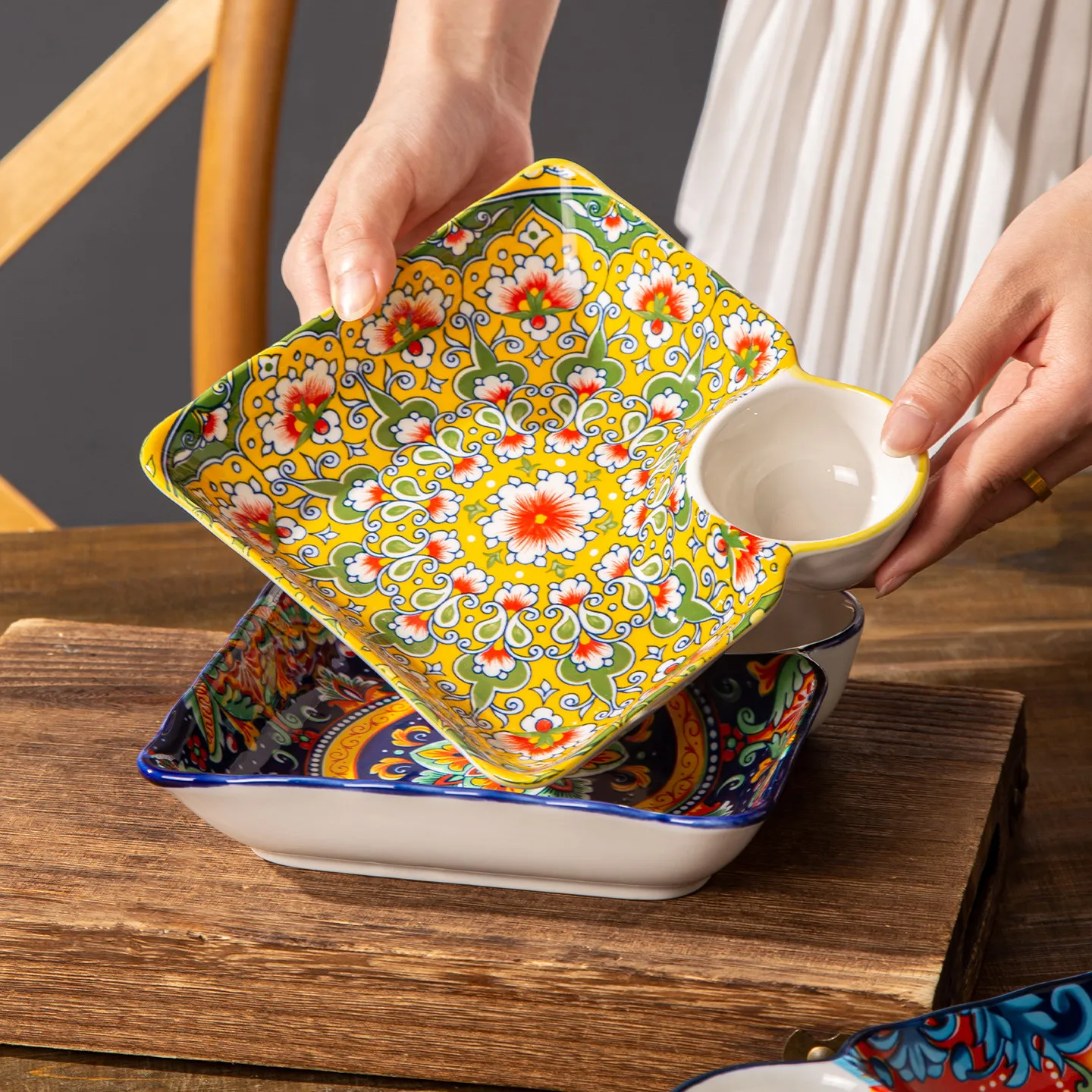 Retro Ceramic Dumpling Plate with Vinegar Dish Square Breakfast Compartmentalized Plate Dumpling-Specific Plate