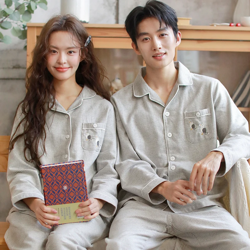 

Couple's sleepwear for autumn and winter, pure cotton velvet set, simple plaid men's and women's casual plus size home clothes