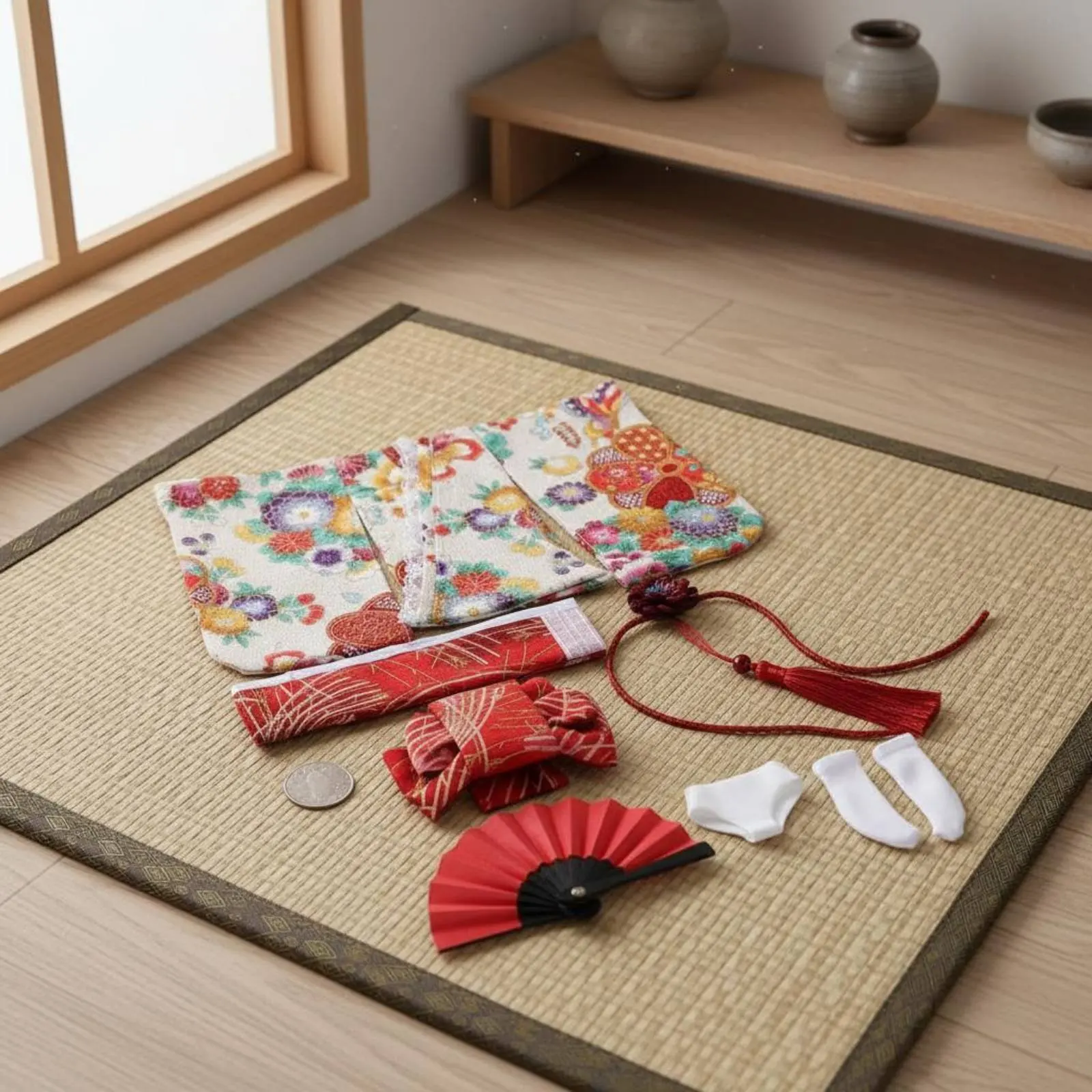 

1/6 Scale Kimono Set Floral Pattern Female Action Figure Kimono Toy Accessory Long and Short Styles for Hobbyists