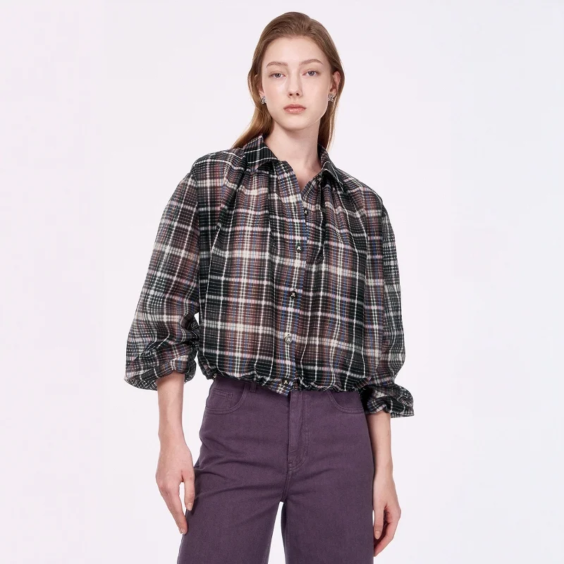 

Korean Sle Vintage Plaid ort Svel irt Dstring Collar Long Sve Women's Busin Casual Loose Fit irt