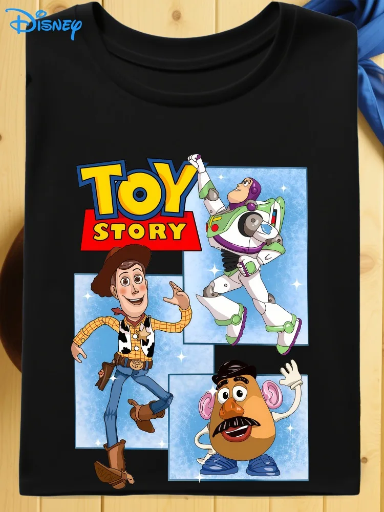 Camiseta feminina Disney Toy Story com Buzz Lightyear e Woody Design macio gola redonda manga curta casual top de algodão