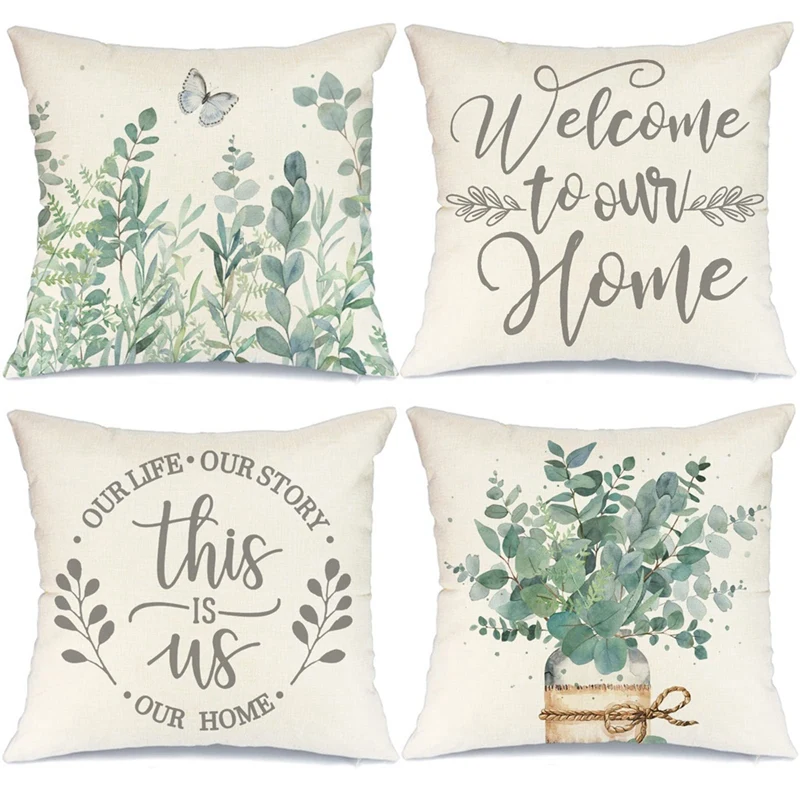 

18X18 Set Of 4 Spring Pillow Covers Farmhouse Throw Pillows Spring Decorations Eucalyptus Leaves Home Decor For Couch