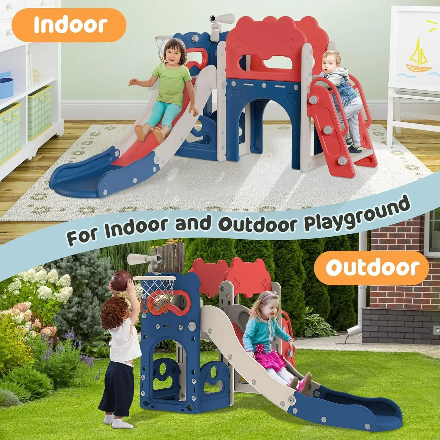 7 in 1 Kids Indoor Slide for Toddler 1-3, Indoor Outdoor Toddler Slide Playset with Basketball Hoop and Telescope