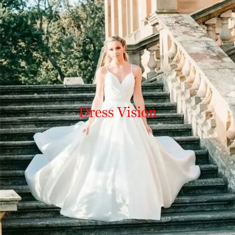 Satin Wedding Dresses Pleat V-neck Spaghetti Strap A-line Bridal Gowns Simple Vestidos Para Mujer Elegantes y Bonitos