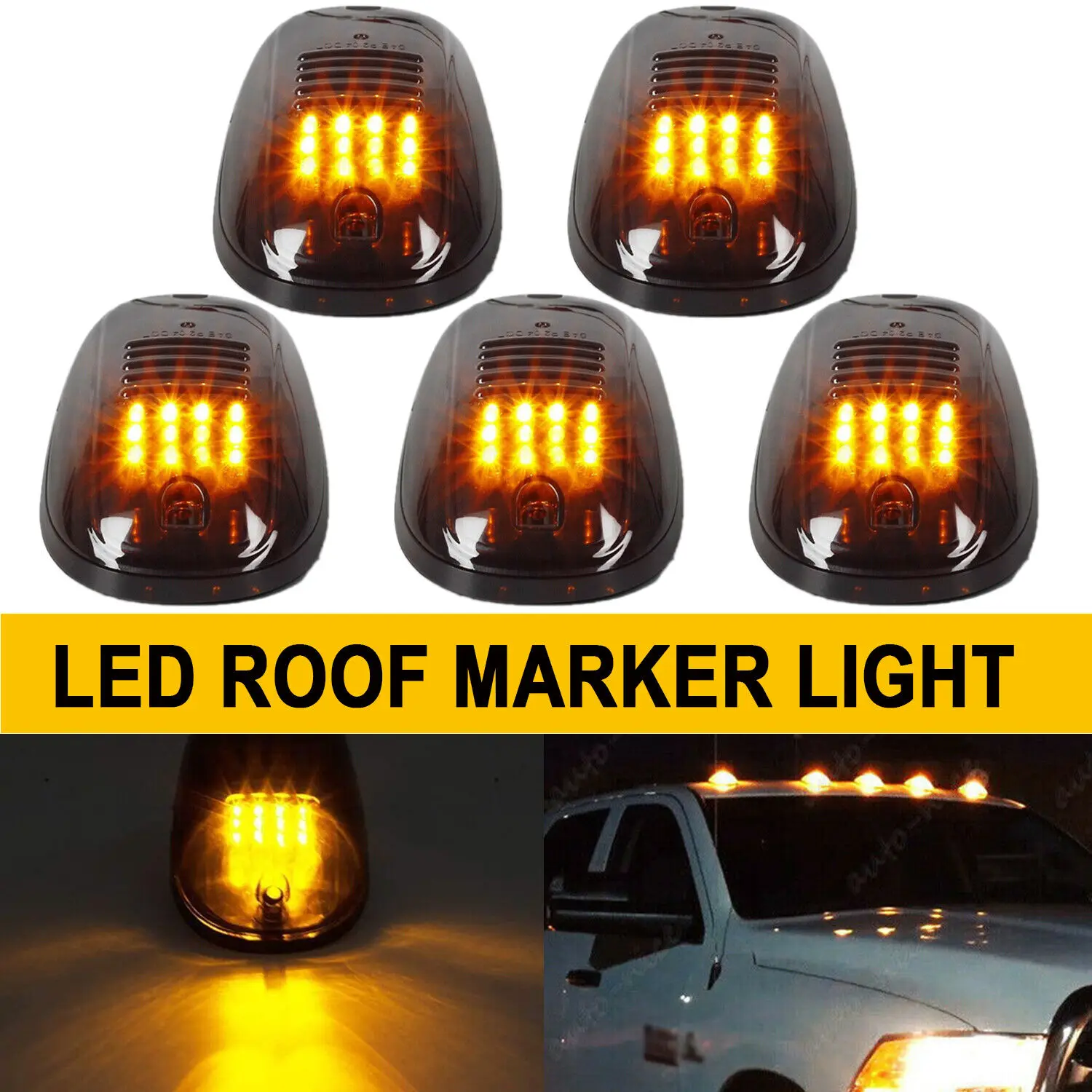 5Pcs Smoked Lens Amber Yellow LED Cab Marker Roof Running Lights For 2003-2016 Dodge Ram 2500 3500