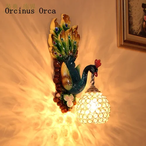 European retro color peacock crystal wall lamp living room corridor bedroom bedside lamp modern creative resin bird wall lamp