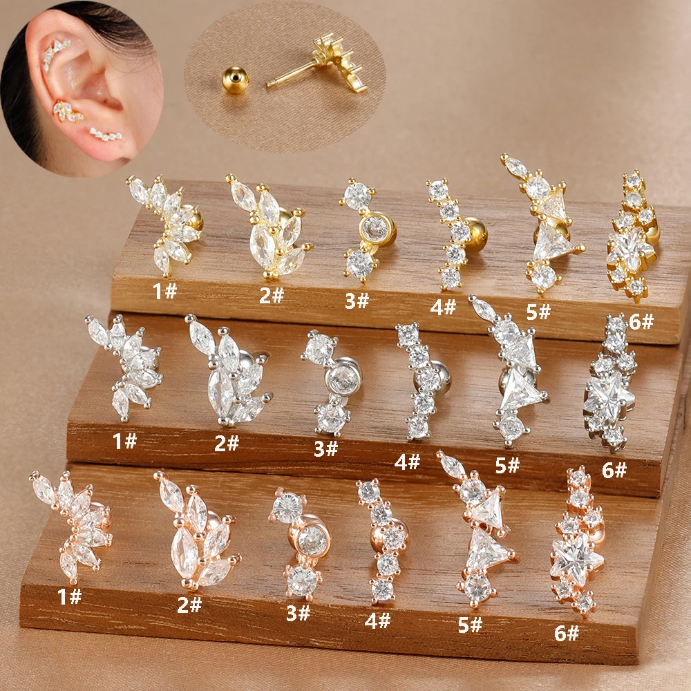 1PC 6 Styles Stainless Steel Mini Zircon Cartilage Piercing Stud Earring For Women Helix Tragus Piercing Women's Body Jewelry