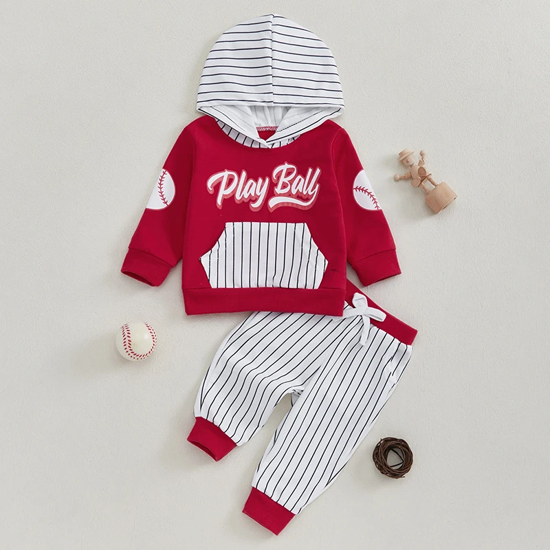 3M-3Y Toddler Boys Fall Outfits Baseball Print Hooded Long Sleeve Hoodies Sweatshirts and Stripe Long Pants 2Pcs Clothes Set