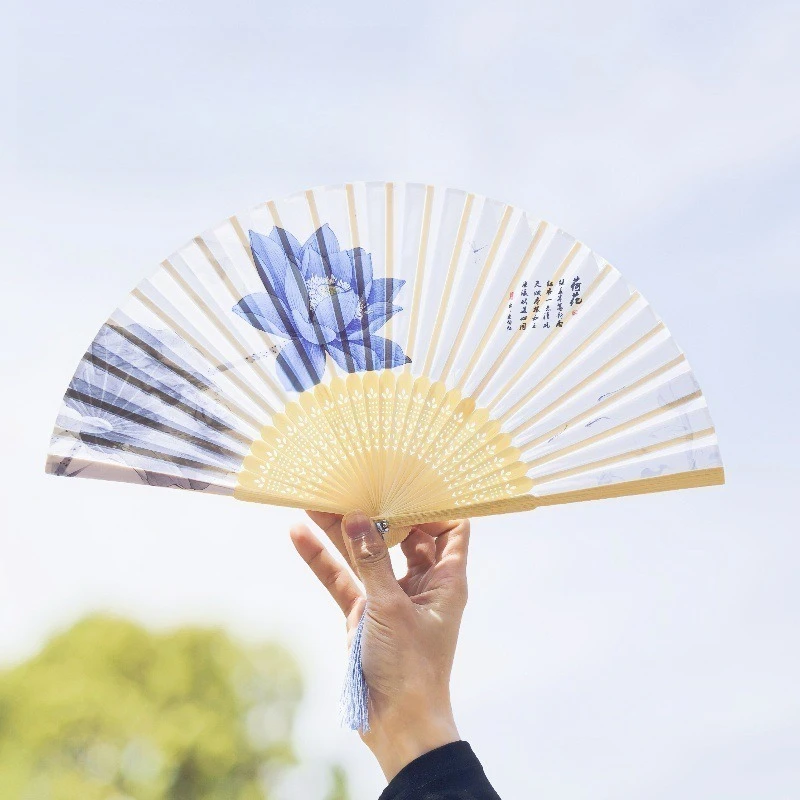 Ancient Style Silk Like Folding Fan Chinese Classic Hand Fan For Women Hanfu Qipao Cosplay Daily Matching Decor Accessory