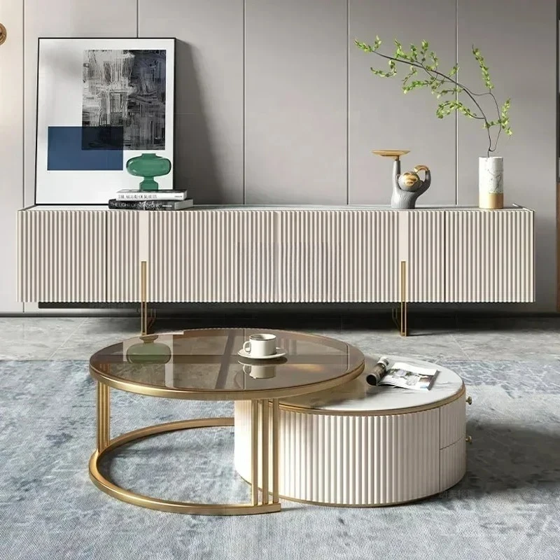 

Modern white cabinet TV stand and coffee table combination stone top black entertainment center cabinet for living room