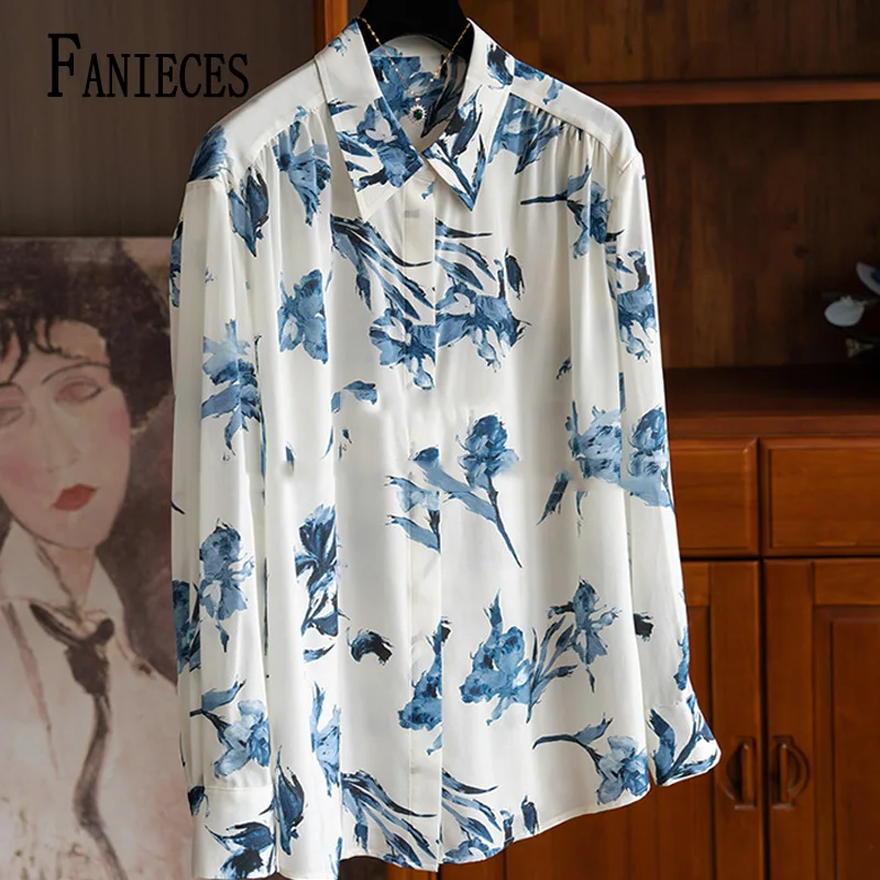 

FANIECES Blue Flower Print Casual Women Shirt Autumn Long Sleeve Lapel Button-up ZA Blouses Elegant Office Lady Tops חולצות נשים