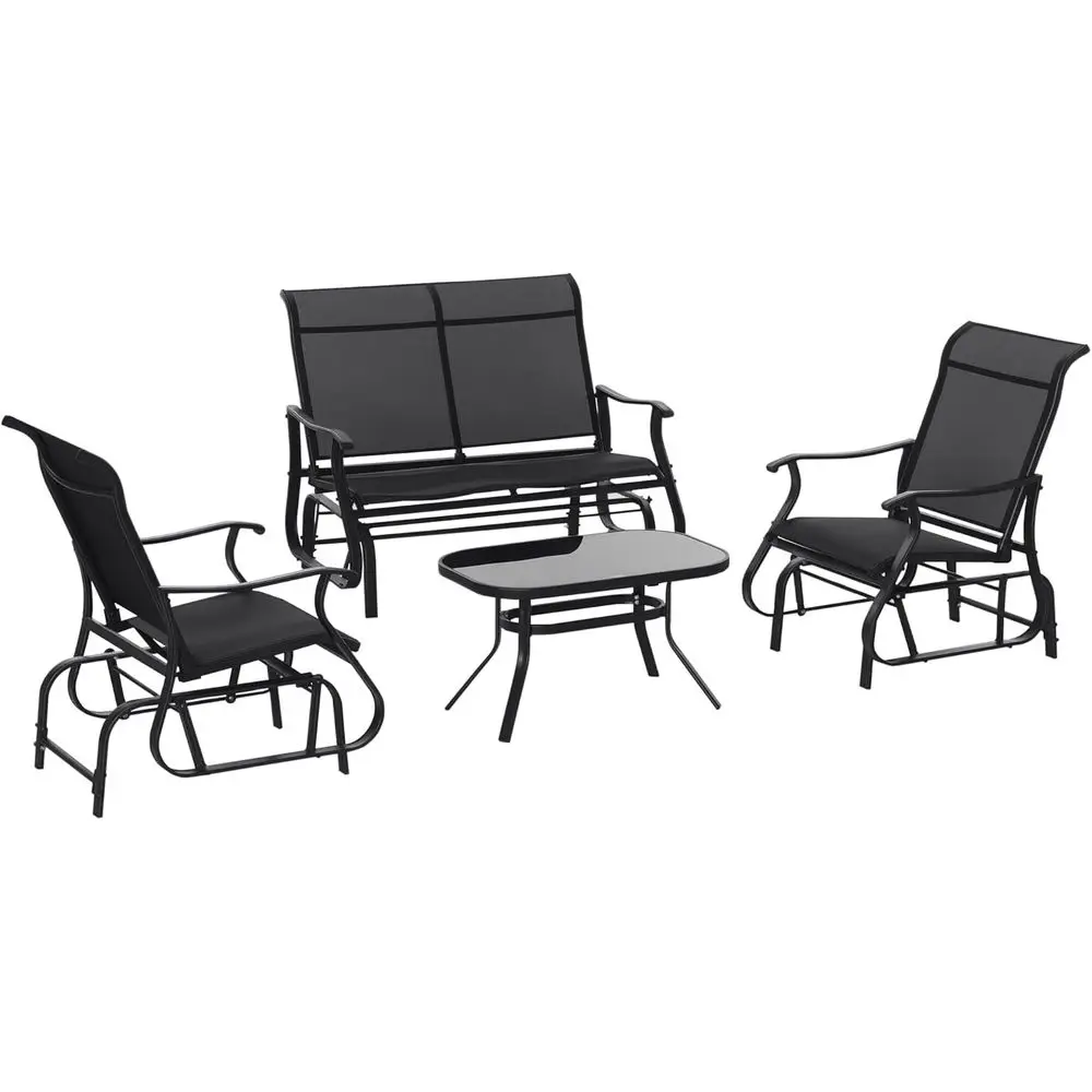 

Black 2-Person Glider Patio Set with Single Sling Chair and Glass Coffee Table for Outdoor Lawn and Garden
