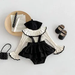 2025 New Baby Girls' Bodysuit Set Knitted Lotus Leaf Collar Blouse+Strap Overalls 2Pcs Spring Baby Clothes Toddler Outfit