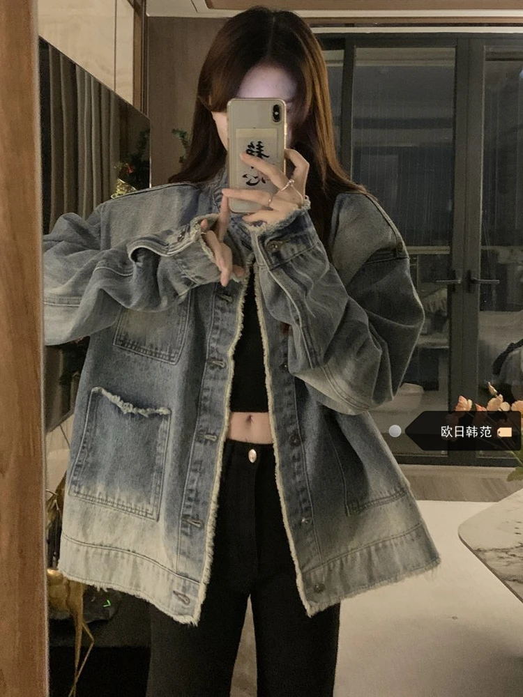 

Denim Coat Pink Flowers Womens Spring Long-Sleeved Lacework French Style Raglan Embroidered Checked Subcultural Stylish Jackets