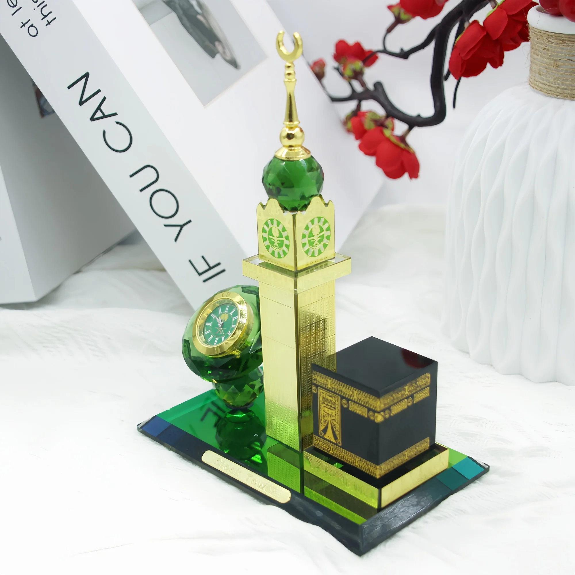 Islamic Crystal Kaaba Clock Tower Figurine Desktop Ornament Religious Architecture Model