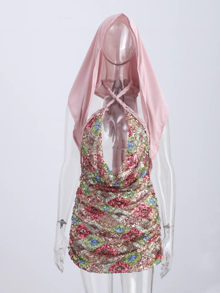 Mehrfarbiges Pailletten-Kreuzgeflochtenes Neckholder-Minikleid für Damen, sexy, tiefes V-Ausschnitt, ärmellos, rückenfrei, plissiert, mit Kopftuch, schmale Robe, Neu – Detail 3