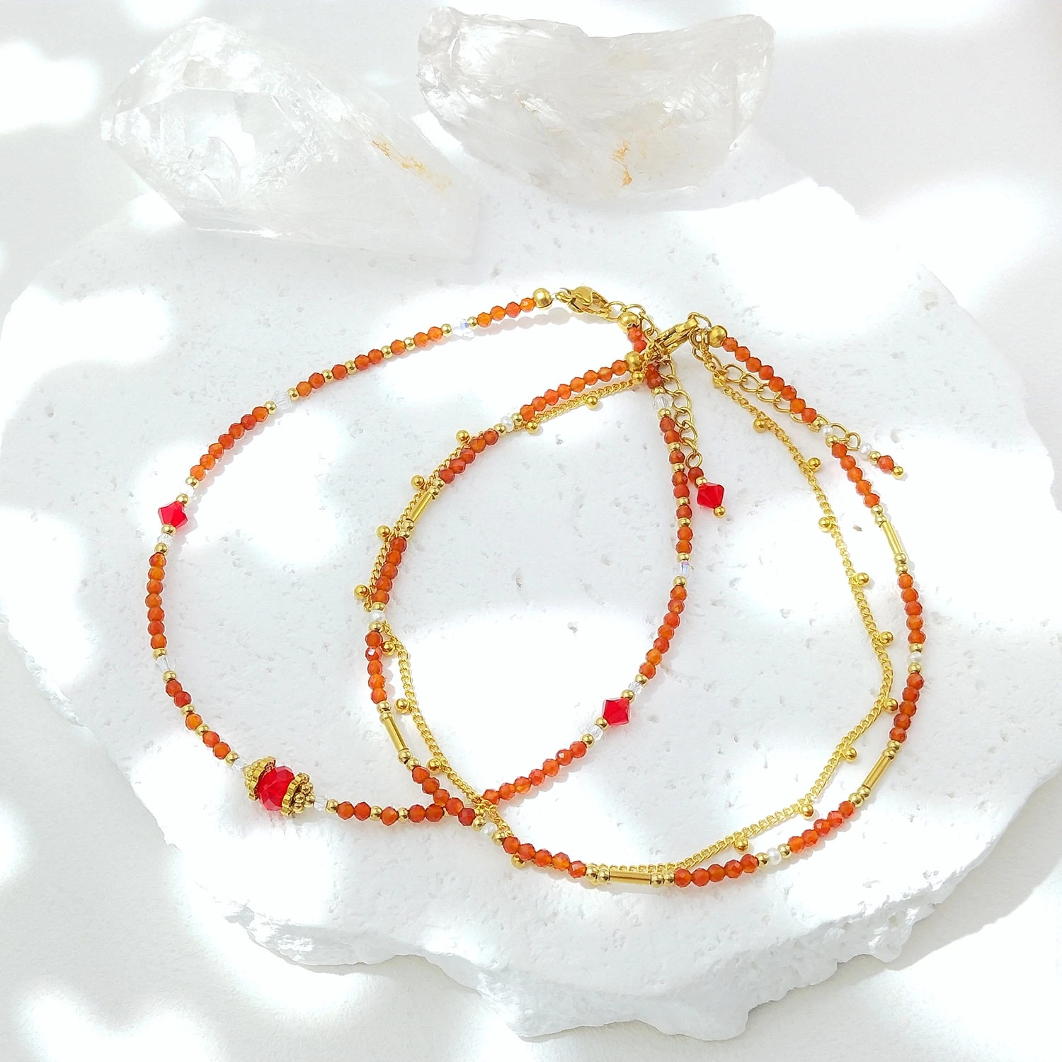 

Lii Ji Carnelian Natural Stone 2mm With Crystal Beaded Anklet 24+3cm Handmade Bohe Fashion Jewelry For Female