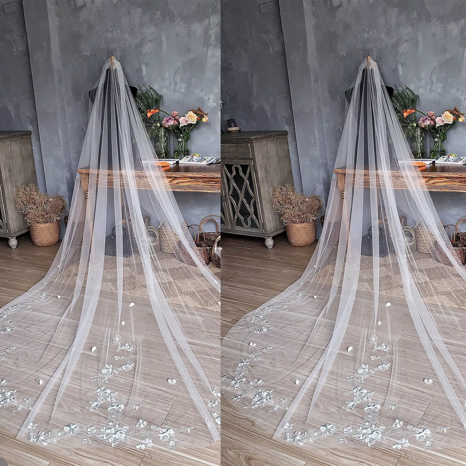 

Elegant Appliques Wedding Veil One Layer Long Bridal Veils Cathedral Length Lace Edge Soft Tulle For Bride Custom Made