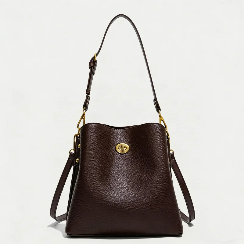 

Korean Trendy Pu Crossbody Bag Luxury Solid-color Buckle Closure Bucket Bag Lychee-grain Texture Commuting Dating Exquisite Bag