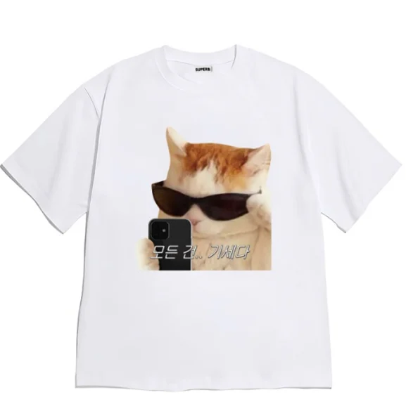 Neutral Style Cool Cat Selfie T Shirt Korean Text Meme Print Short Sleeve O Neck Soft Washable Tops Funny Streetwear