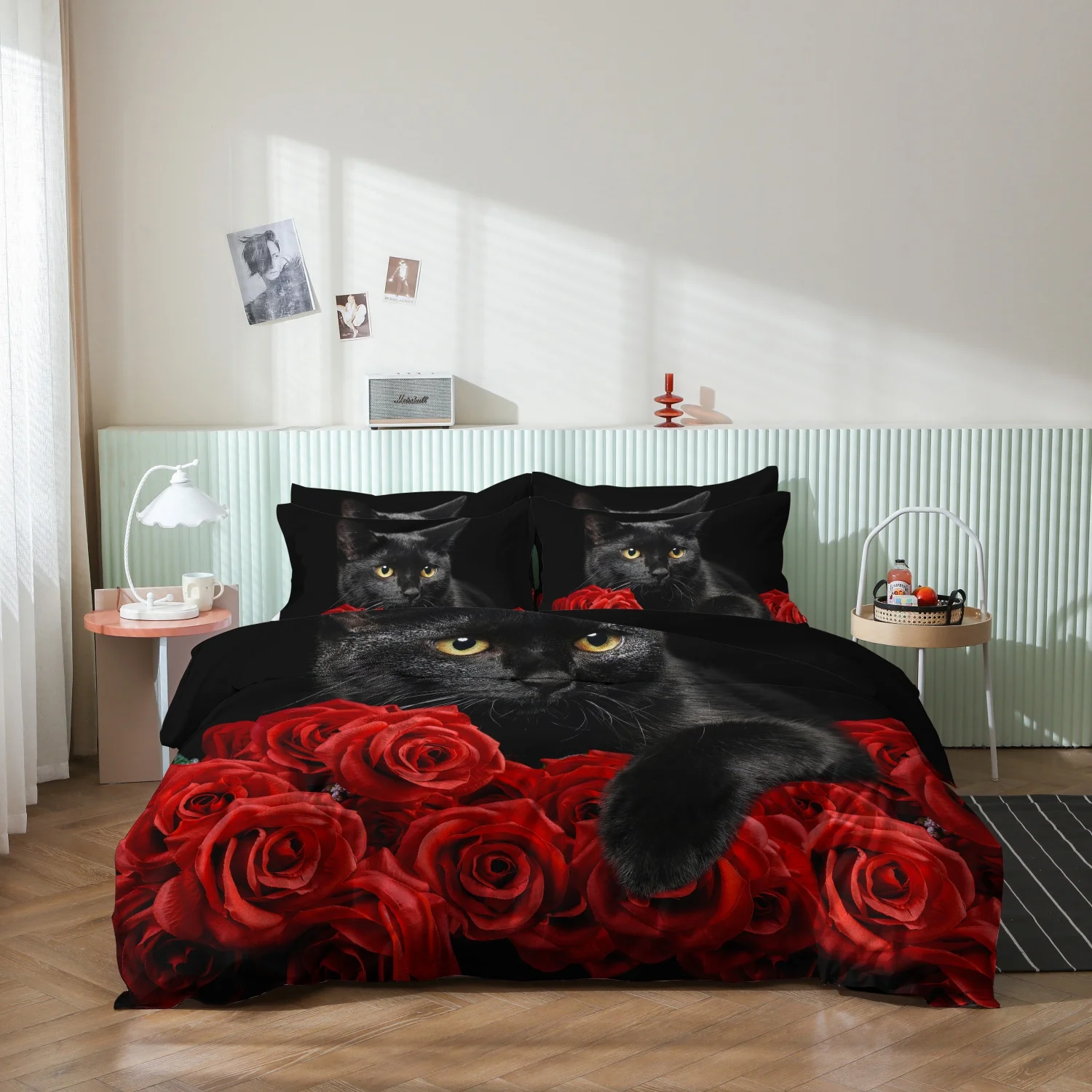  Gothic Black Cat Red Rose Print Duvet Cover Set, 3Pcs Yellow Eyes Black Cat Lush Red Rose Dark Aesthetic Pattern Bedding