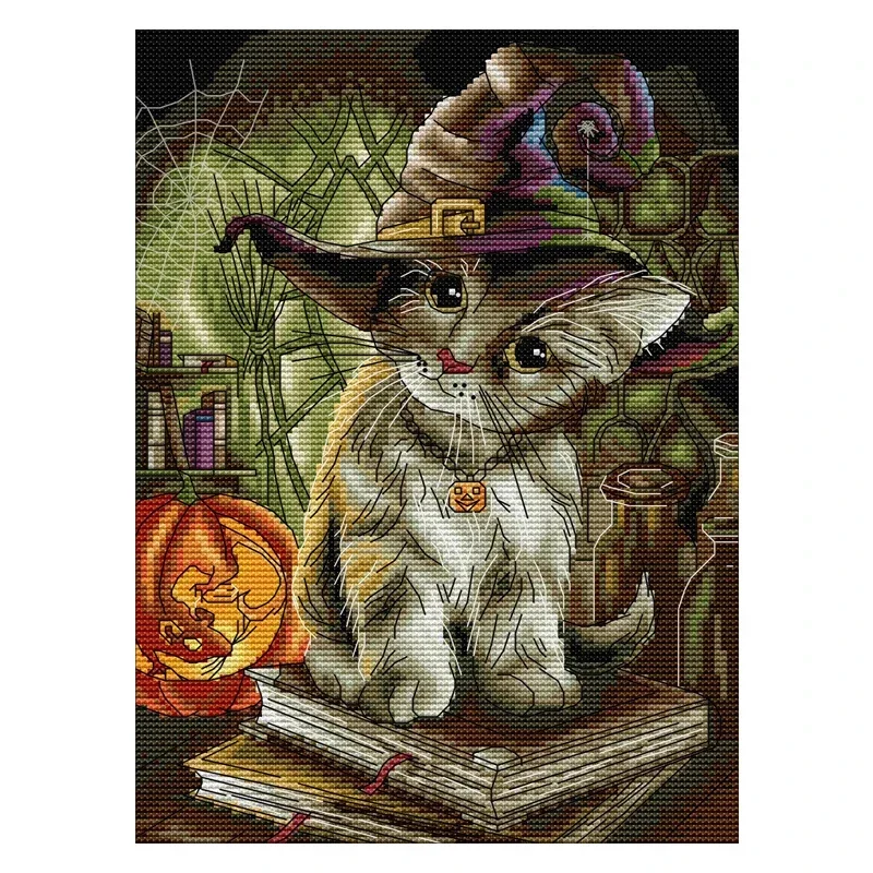 Joy Sunday Cat Magician 11CT 14CT Print Cross Stitch Kits Stamped Cross Stitch Kits Animal Kitten Printed Fabric Cross Stitch