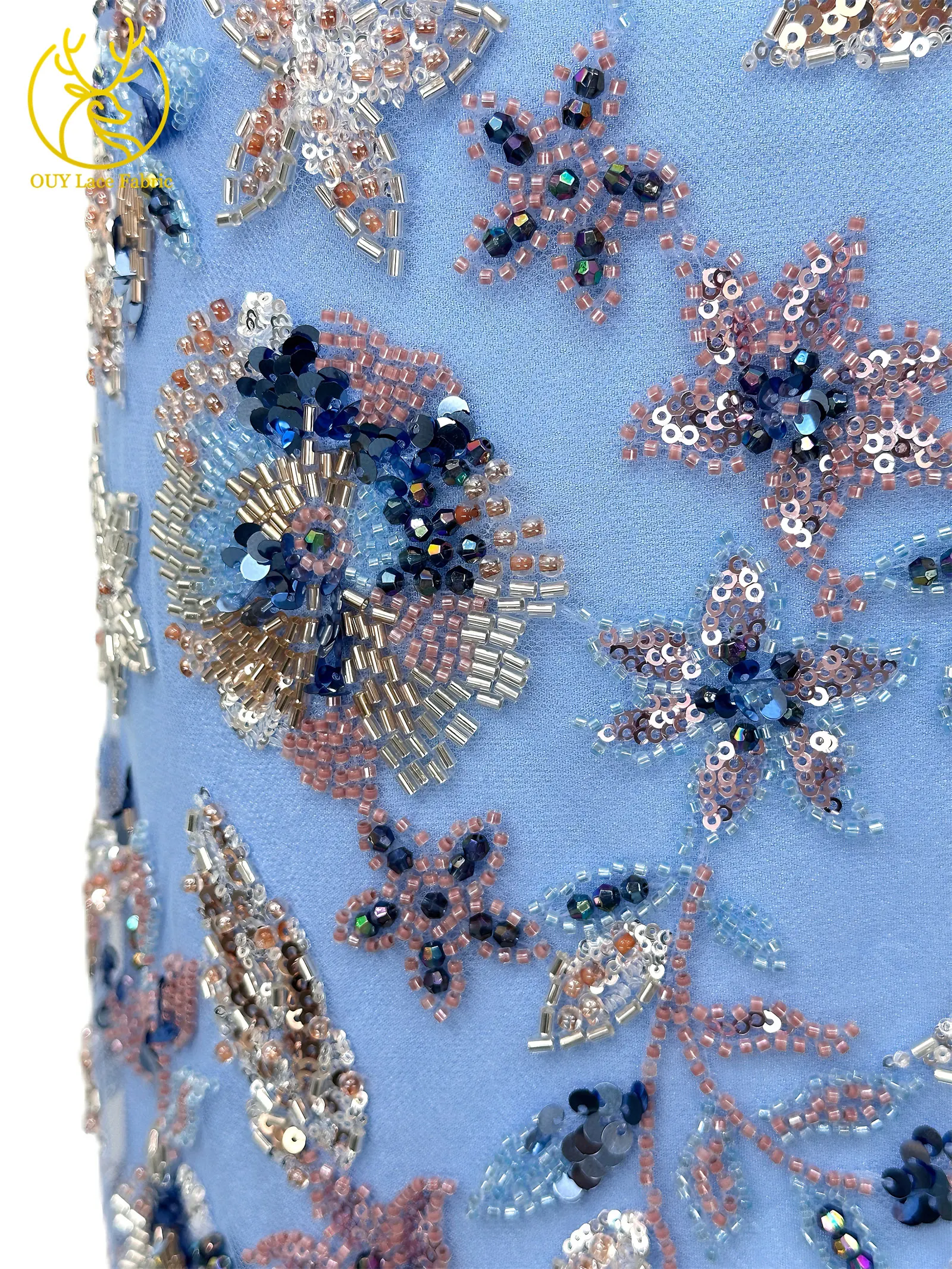 Modischer nigerianischer bestickter Perlen-Spitzenstoff, eleganter afrikanischer Pailletten-Netzstoff für Brautkleider und Partykleider zum Nähen – Detail 10