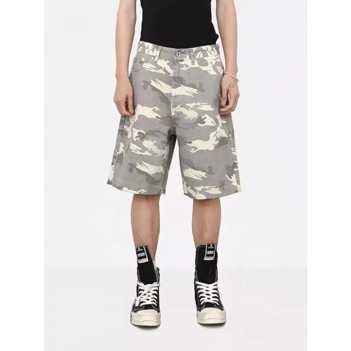 American Retro Men's Summer Trendy Brand Camouflage Medium Pants Loose Straight Five-point Pants Casual Wide-leg Denim Shorts
