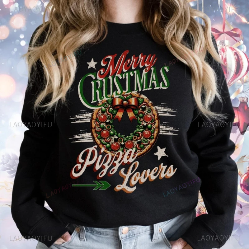 

Funny Pizza Christmas Warm Sweatshirt Woman Man New Year Xmas Pizza Fan Gift Autumn and Winter Drop Shoulder Hoodie Hoody