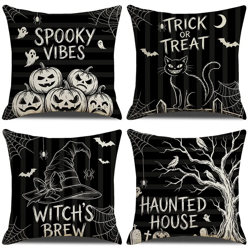4pcs Dark Halloween Scary Black Cat Pillow Cover No Insert Decorative Seat Cushion Cover Sofa Decor Prop