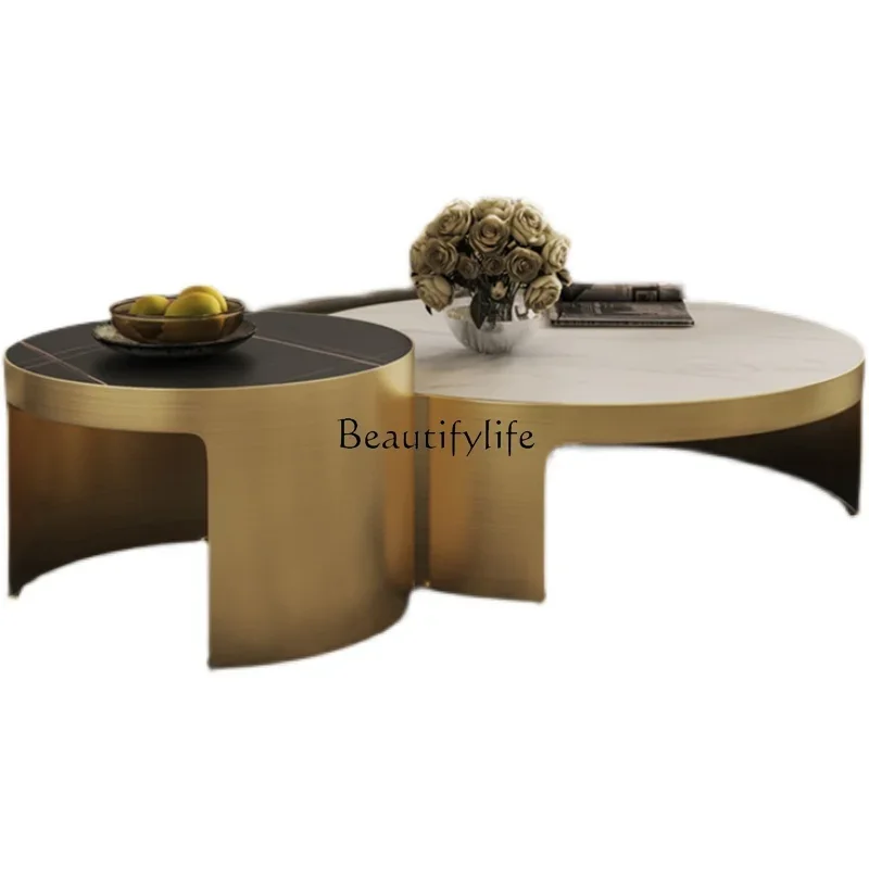 

13Italian rock slab coffee table light luxury black titanium creative size round stainless steel high and low combination