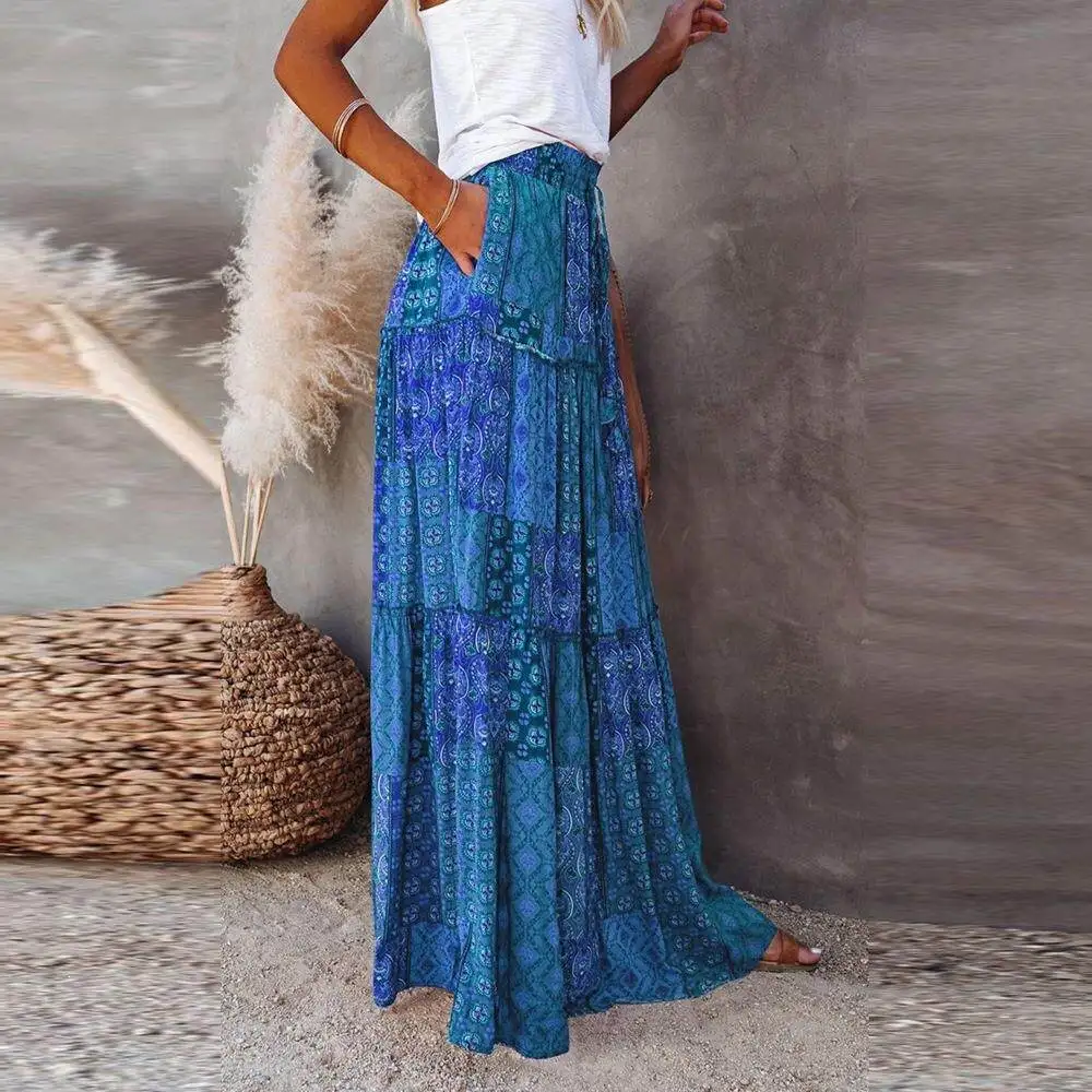 Bohemian Style Printed High Waist Loose Midi Skirt Casual Leisure Half-length Women's Skirts H-shaped Batwing Sleeve PU Leather