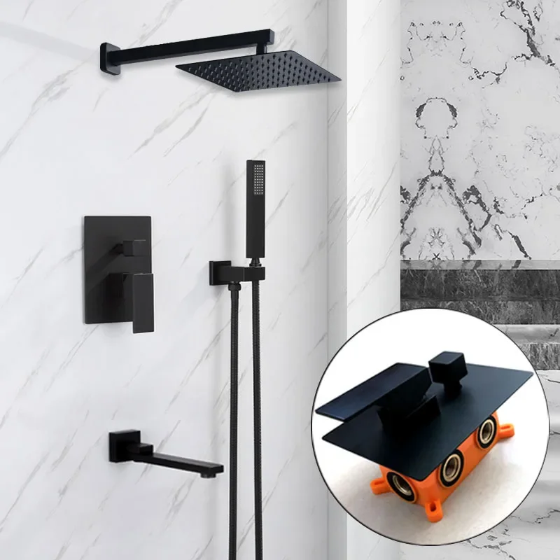 

Black Shower System Set Wall Mounted Hidden Bath Mixer Faucet with Large Modern Shower 12 inch Rain Shower Head Set for Bathroom