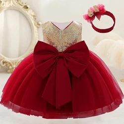 2024 Christmas Baby Dress For Girls Toddler Sequins Bow Wedding Party Dresses Tulle Princess 1st Birthday Wedding Kids Clothing