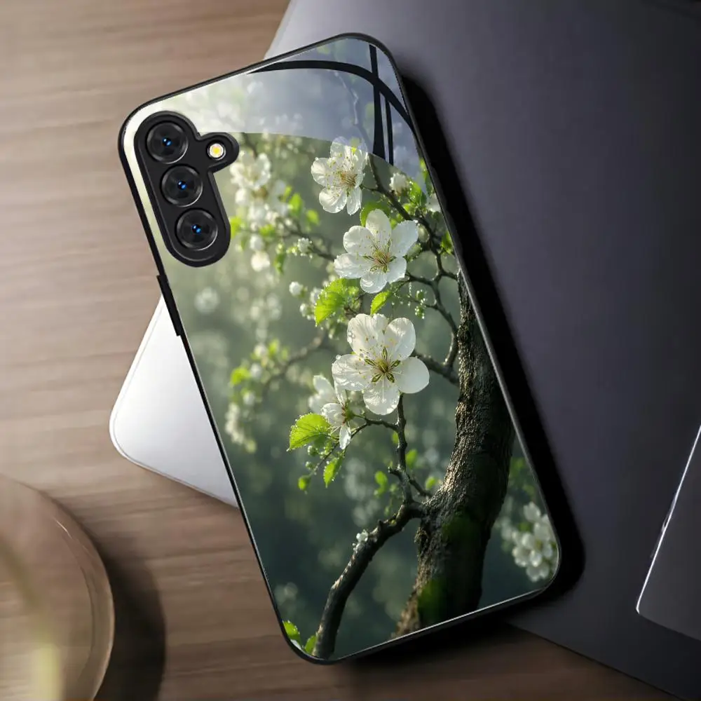 White Bloom Tempered Glass Phone Case For Samsung Galaxy S25 Ultra S24 S23 S22 Shockproof Anti Fingerprint Hard Protective Cover