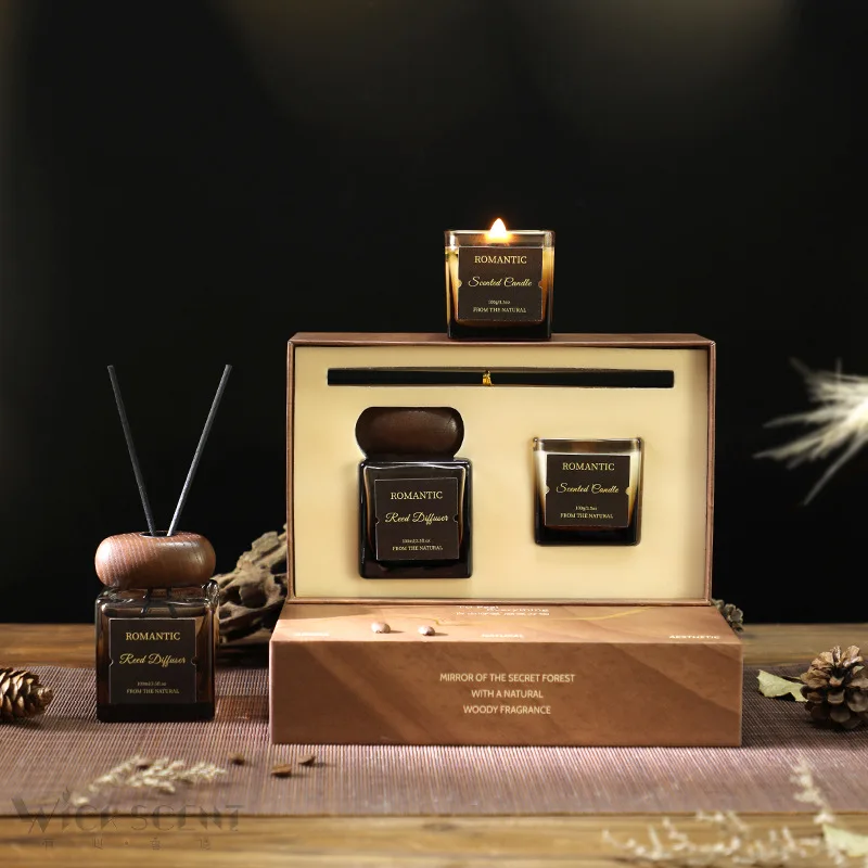 The Secret Forest Realm Aromatherapy Gift Set 100ml Reed Diffuser Oil 100g Scented Candle Two Scents Coffee and Sandalwood