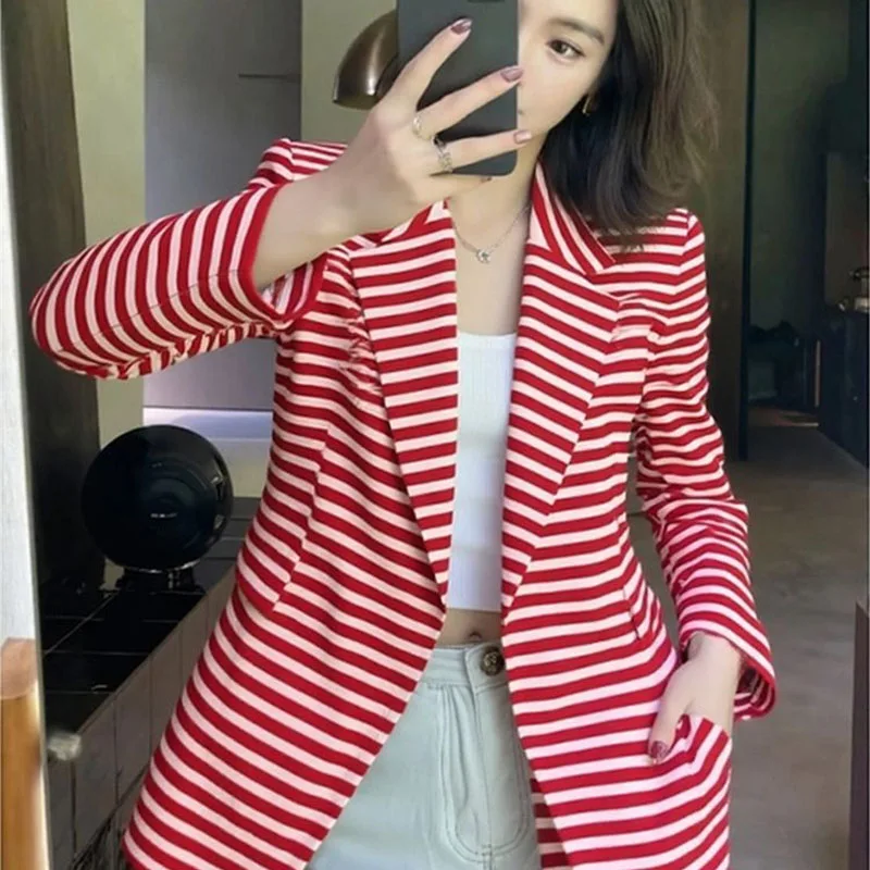 2026 New Fashion Design Red Stripe Suit Jacket  Spring Autumn Coat Women's Bleizer Suit Top Casual Versatile Coffee Thickened