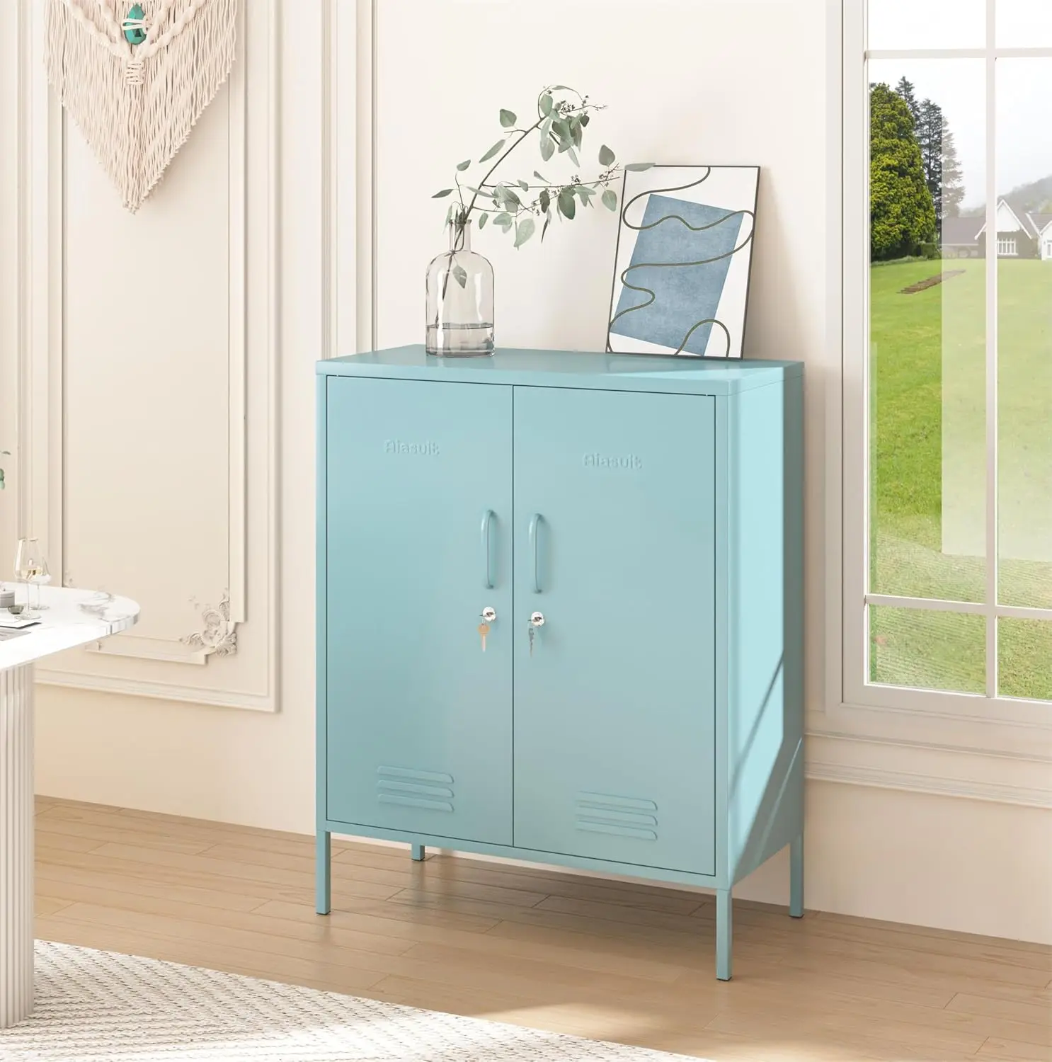 3단 잠금식 금속 보관 캐비닛, 파란색, 40인치 높이 x 31.5인치 너비 x 15인치 깊이