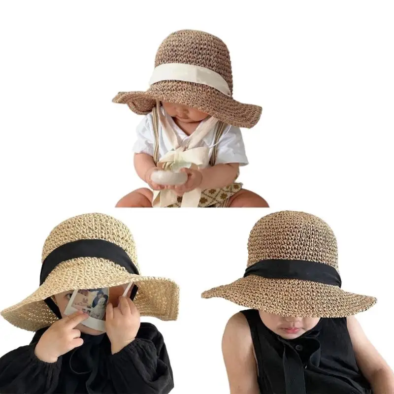 29EE Straw Woven Baby Beach Sun Hats Newborn Photography Props Wide Brim Sun Hat
