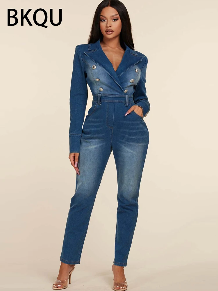 BKQU Women's Denim Jumpsuits 2024 Elegant Long Sleeve Notched Collar Zipper One-Piece Overalls Double-breasted Luxury Playsuits