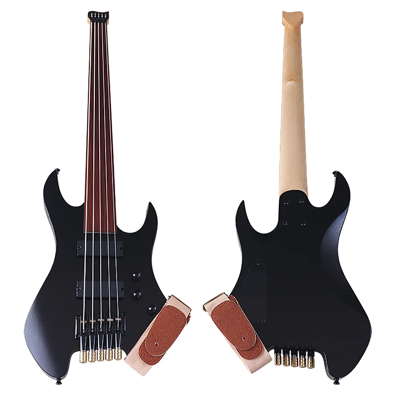 Fretless Headless Electric Bass Guitar 5 String  41inch Solid Ashwood Body Bass Guitar Free Belt Good Handicraft Black Blue