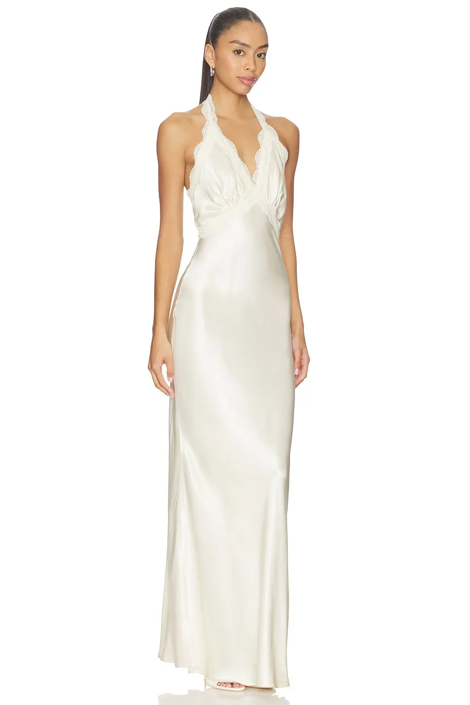 Elegant Satin Halter Maxi Dress Sexy Backless Lace Trim Slip Dress Vintage Night Club Birthday Party Evening Gown Women