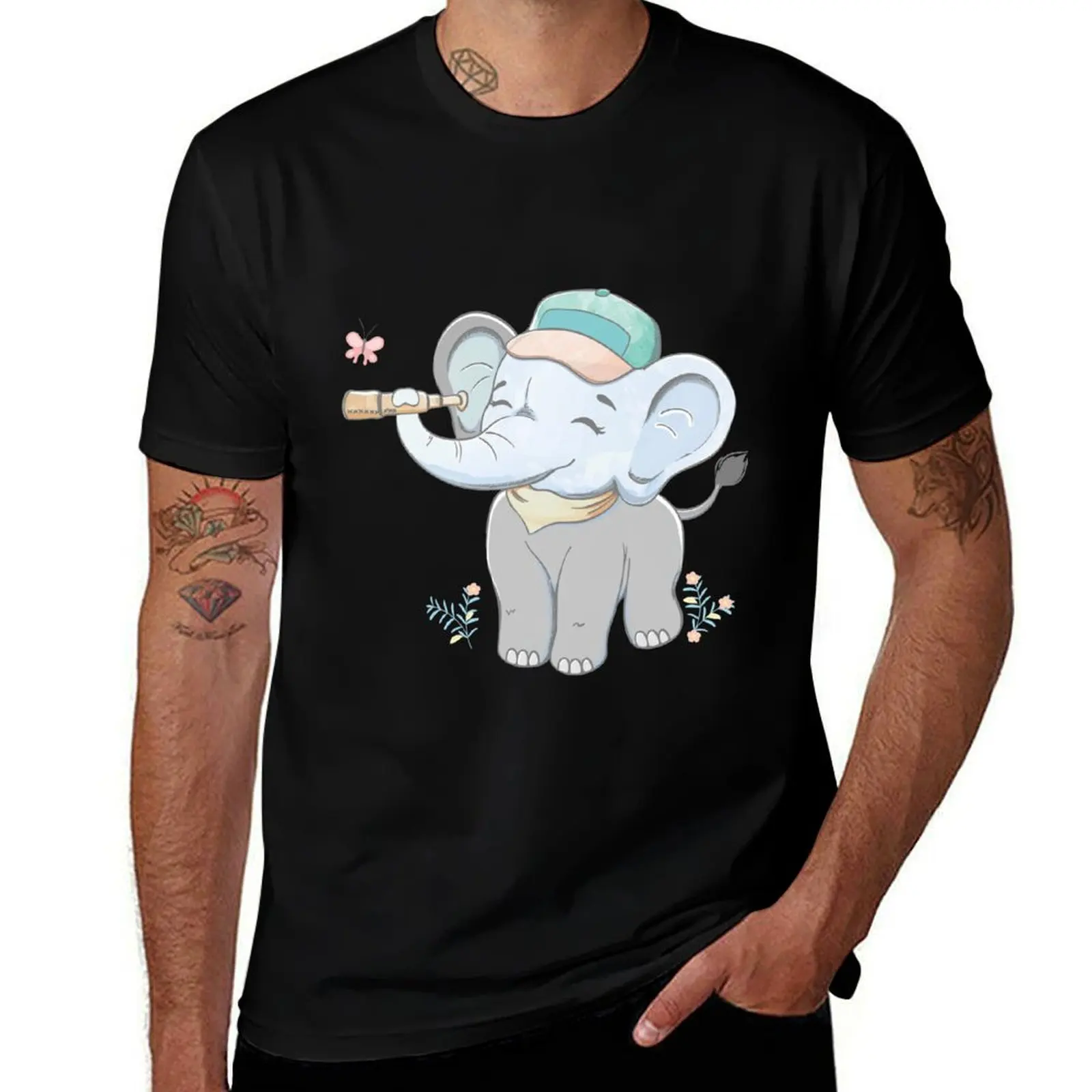 Cute baby elephant discovering with binoculars T-Shirt UV Sun Protection Tee Shirt