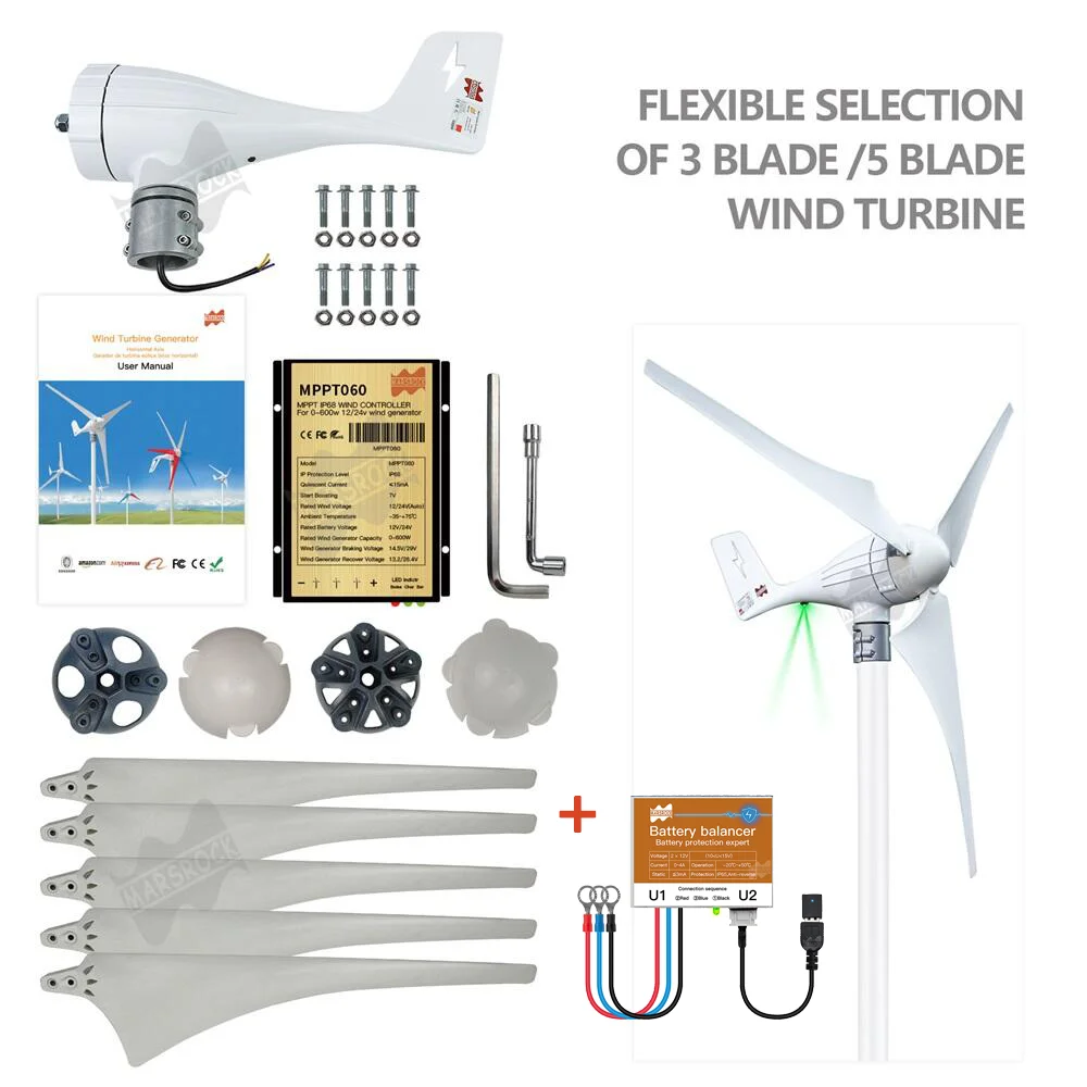 600W 12V 24V 3Phase AC Wind Turbine Generator With MPPT Controller and Battery Equalizer Household Horizontal Wind Generator