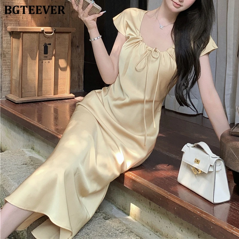 BGTEEVER エレガントなレースアップ半袖女性固体マーメイドドレス春夏ヴィンテージスリム女性パッケージヒップサテンドレス