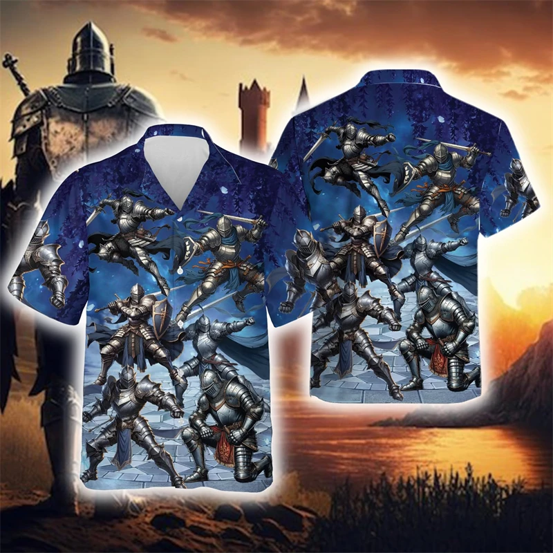 

Full Print Medieval Knights Hawaiian Shirts For Men Women Summer Short Sleeve Button Down Knight Armor Beach Shirts